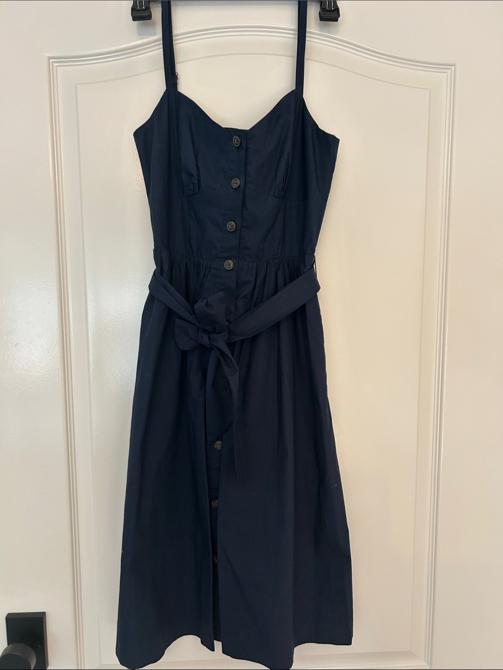 J. Crew Navy Button-Front Midi Dress with Tie Waist